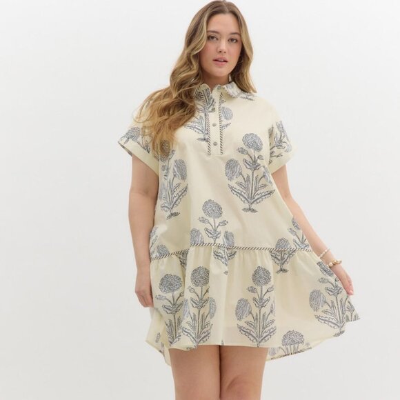entro Dresses & Skirts - PLUS SIZE ENTRO CREAM & NAVY EMBROIDERED DRESS